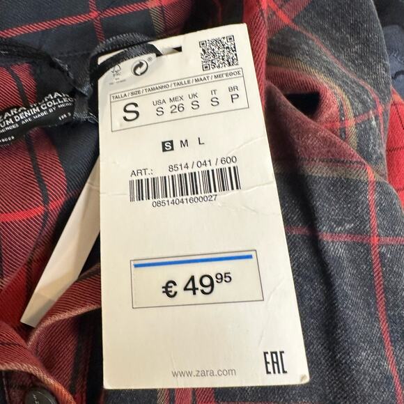 Zara Studded Distressed Circus Red Black Tartan Plaid Shirt Punk sz S NWT - Picture 11 of 13